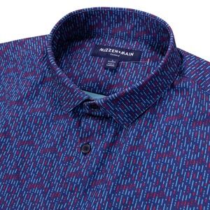 NWOT MIZZEN+MAIN Leeward Mens L Blue Pattern Stretch Button Front Shirt